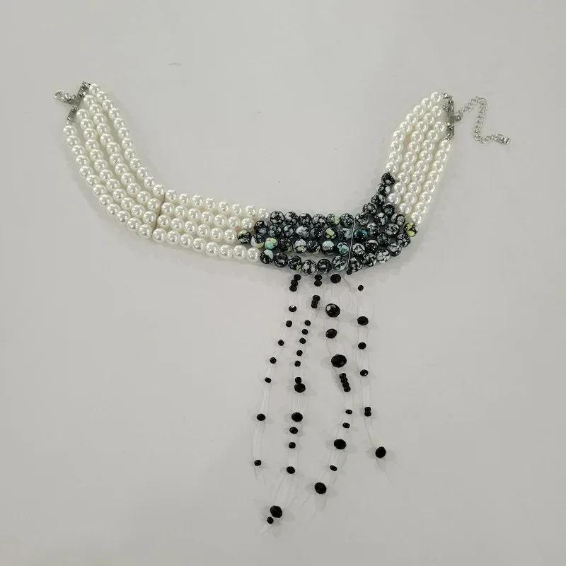 Halloween Retro Multilayer Red Pearl Beaded Pendant Necklace Set for Women Personality Blood Drop Tassel Collar Bone Jewelry