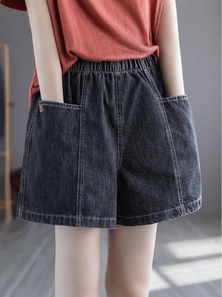 Summer Sale: Women's Loose Fit Elastic High Waist Wide Leg Denim Shorts, Plus Size, Retro Style.