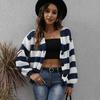 Women's cardigan cross-border European and American autumn and winter women's clothing new contrasting striped button splicing machine-woven sweater 