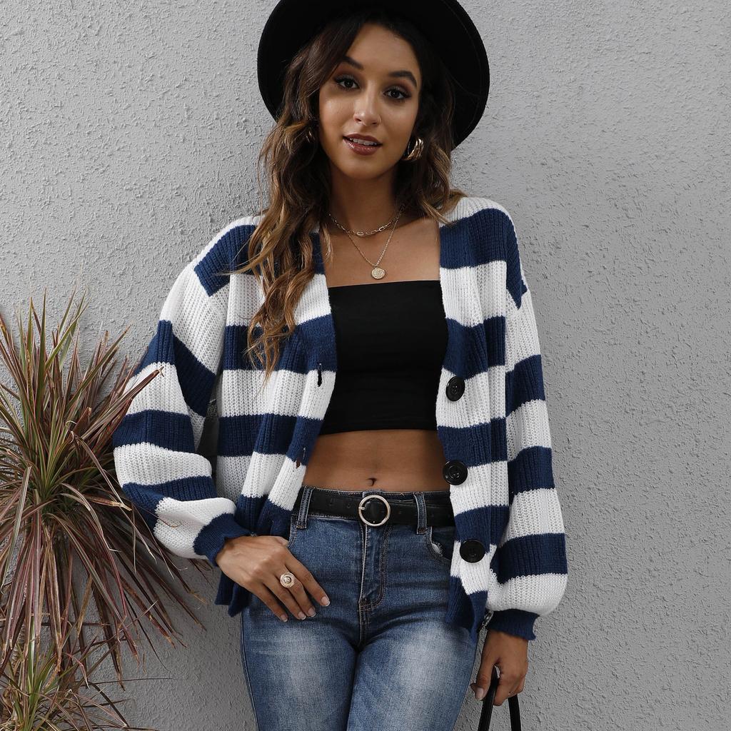 Women's cardigan cross-border European and American autumn and winter women's clothing new contrasting striped button splicing machine-woven sweater 