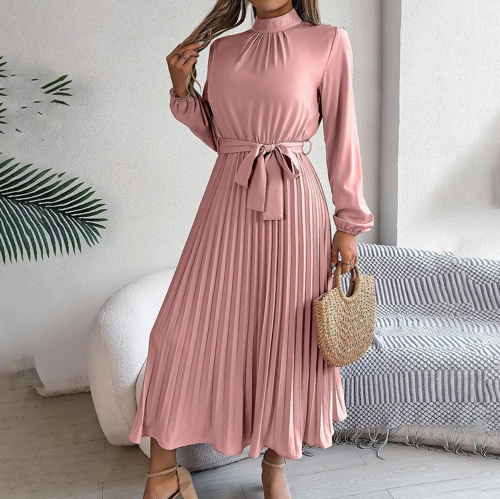 Women Long Sleeve A Line Dress High Waist Stand Collar Pleated Solid Long Dress Autumn Winter Sizes S To XXXL