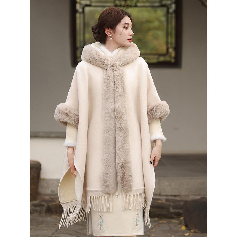 Winter woolen cloak shawl jacket 1011 new white plush thickened warm cheongsam with winter wear