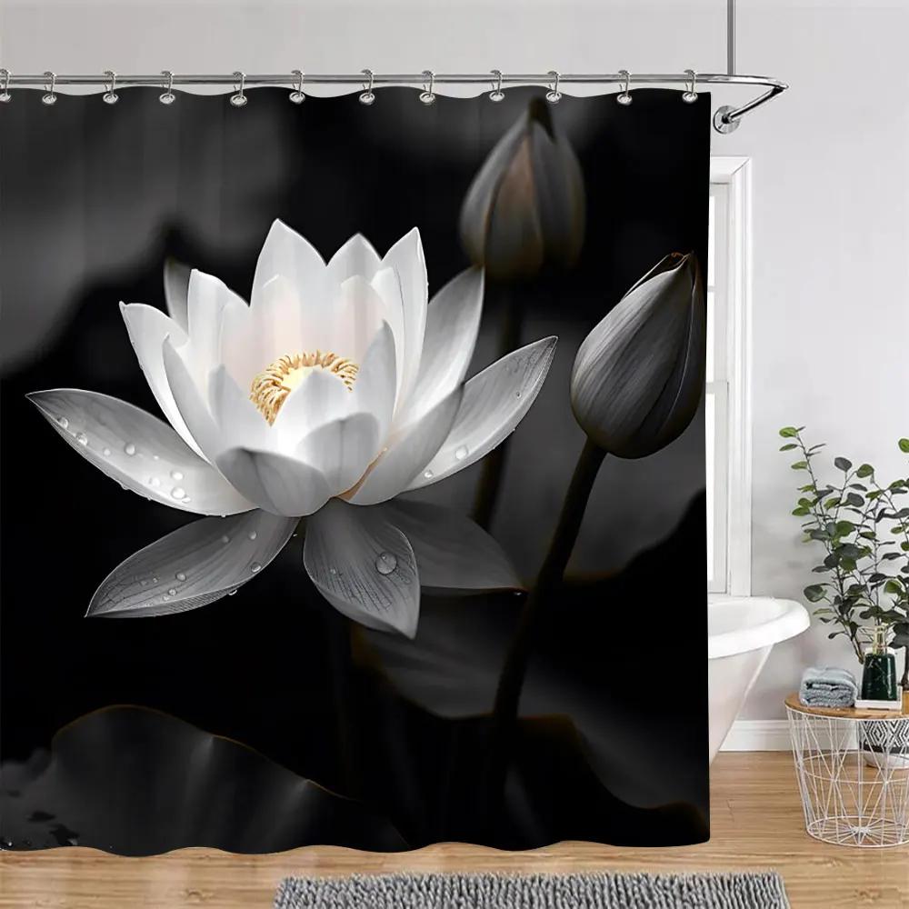 Lotus Flowers Shower Curtain Green Leaves Plant White Floral Chinese Style Home Wall Hanging Bathroom Curtains Decor with Hooks