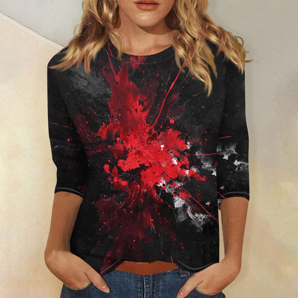 Women's Fashion Casual Round Neck 3/4 Sleeve Loose  Printed T-Shirt Ladies Top