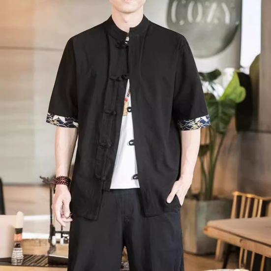 

Мужская рубашка, винтажный китайский стиль, пуговицы с узлом, однобортный воротник-стойка, средние рукава, манжеты с принтом, большие размеры, контраст M белый