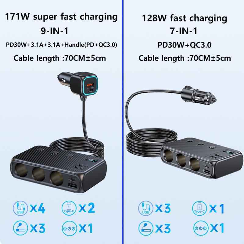 171W/128W Car Charger Adapter 9 In 1 Cigarette Lighter Splitter PD30W/QC 3.0 Independent Switches USB Type C Cigarette Outlet