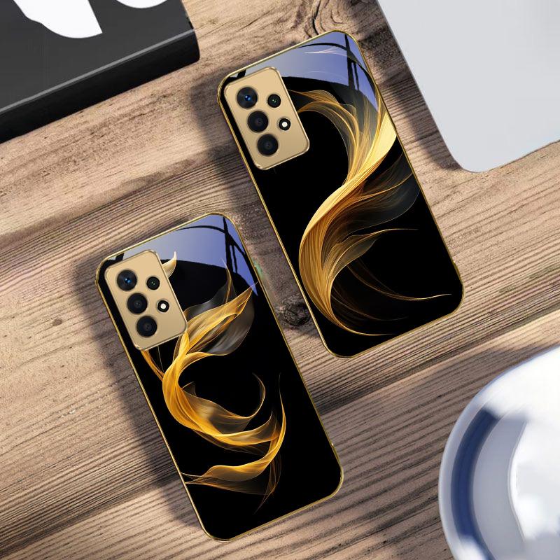 Floating Golden Ribbon For Samsung A 01 52S A04 A05S A10 A12 13 22 23 24 36 42 M02 Note 10 20Ultra 8 9 Golden Glass Phone Case
