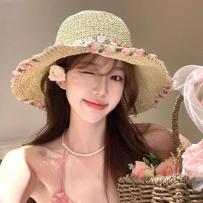 New Mint Mambo Flower Woven Bucket Hat Women's New Seaside Big Brim Straw Hat Sunscreen Hat