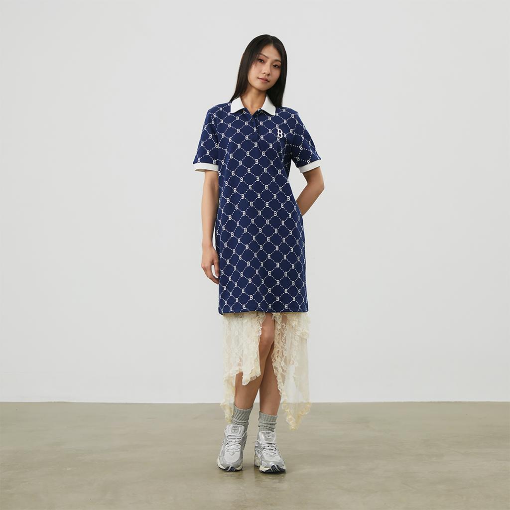New MLB MONOGRAM Reading Collection Short Sleeved Dress Women's Navy Blue 3FOPM0443-43NYS