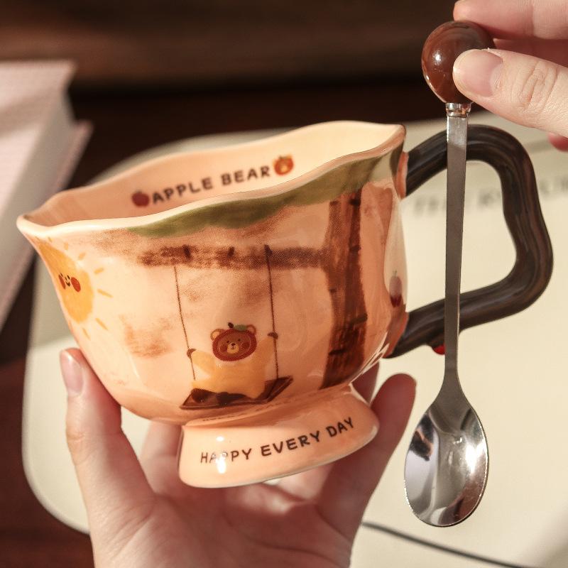 

Retro apple bear ceramic cup high value artistic sense mug boys and girls office coffee breakfast cup 301-400ml