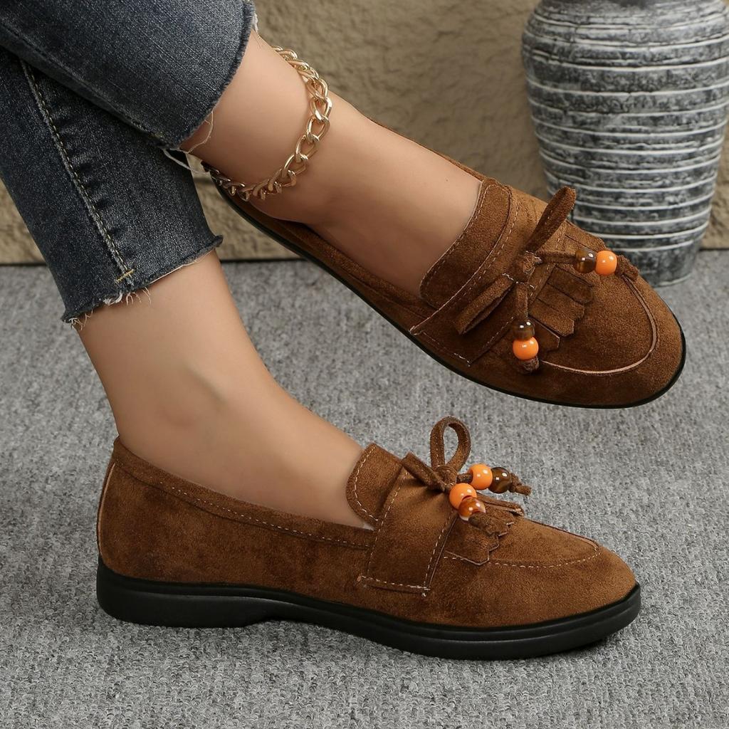 Sapatos Boken 22 outono novo camurça sola macia franjas com contas sapatos de um só