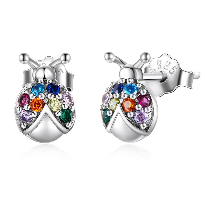 WOSTU 925 Sterling Silver Colorful Heart Stud Earrings Rainbow Unicorn Lightning Earrings For Women Fashion Silver Jewelry