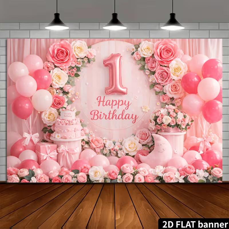 2D Girl's First Birthday Backdrop with Flowers and Balloons Photo Background