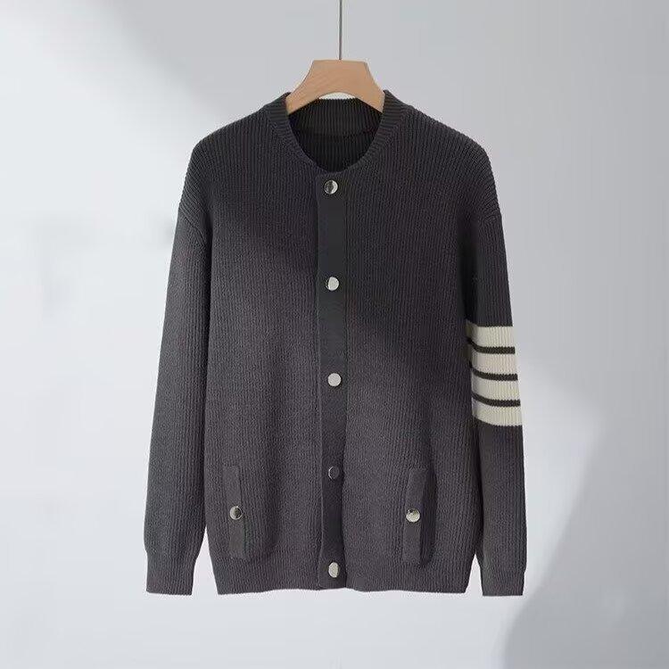 Grey Baseball Collar Knitted Sweater Jacket Men's Autumn and Winter Wear High-end Top Trendy Brand Loose Striped Cardigan Sweater