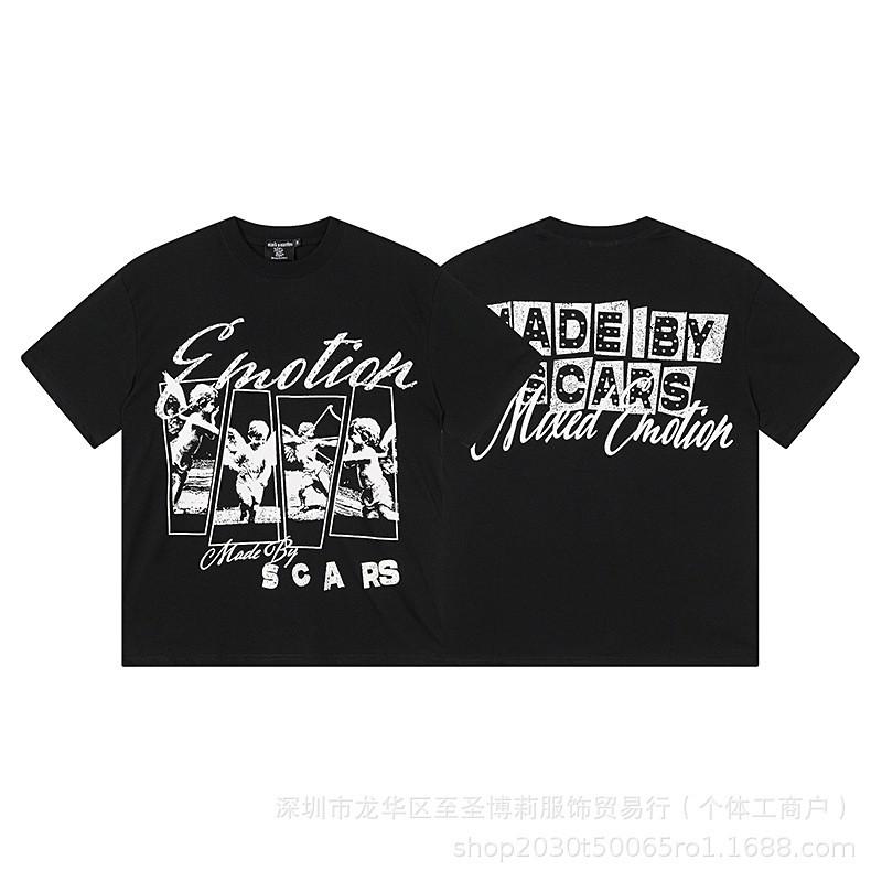 Unisex Vintage American Style Loose Fit Cotton Tee With Embellished Letter Print Round Neck Short Sleeve