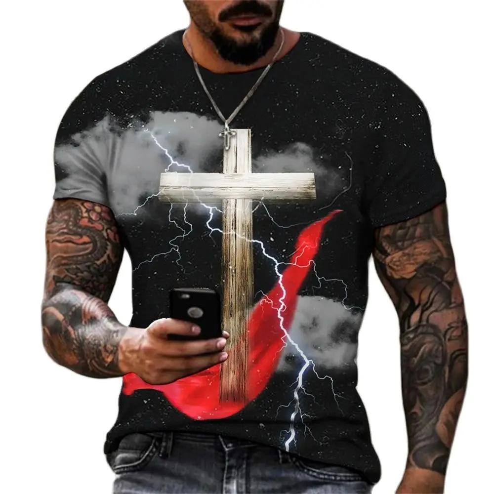 Christian Mens Clothing T Shirts Oversized Vintage T Shirt Gothic Jesus Christ Cross 3D Print O-neck Tops Hip Hop Short Sleeve