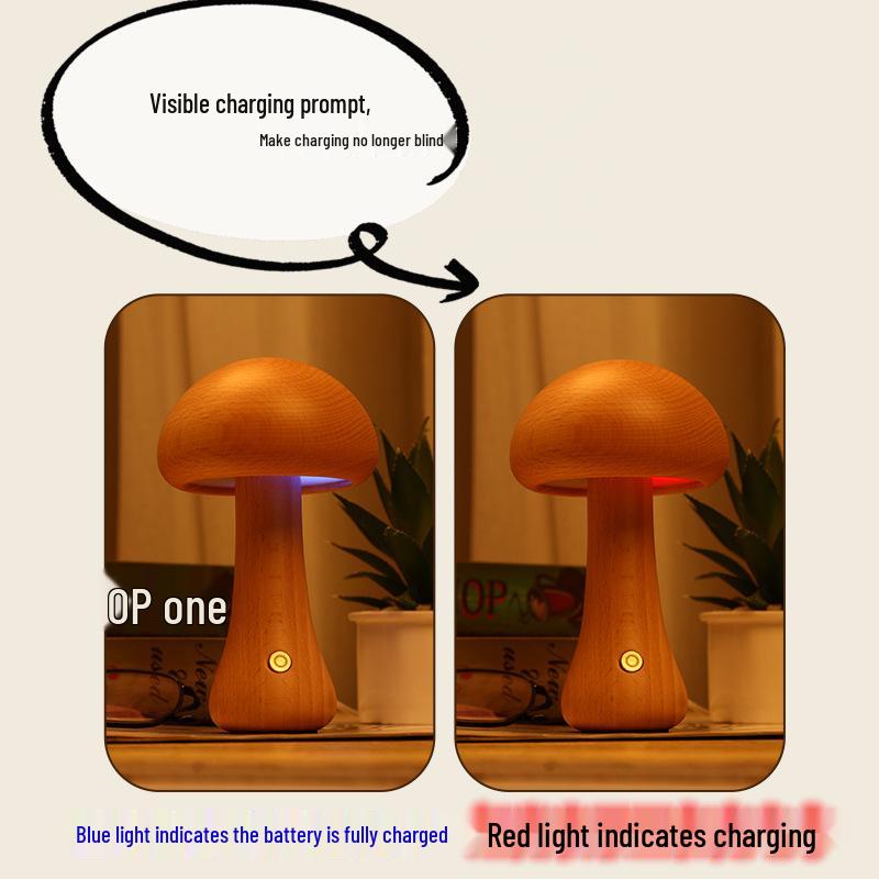 Dimmable Wooden Mushroom Night Light - USB Rechargeable Bedside Lamp with Eye Protection