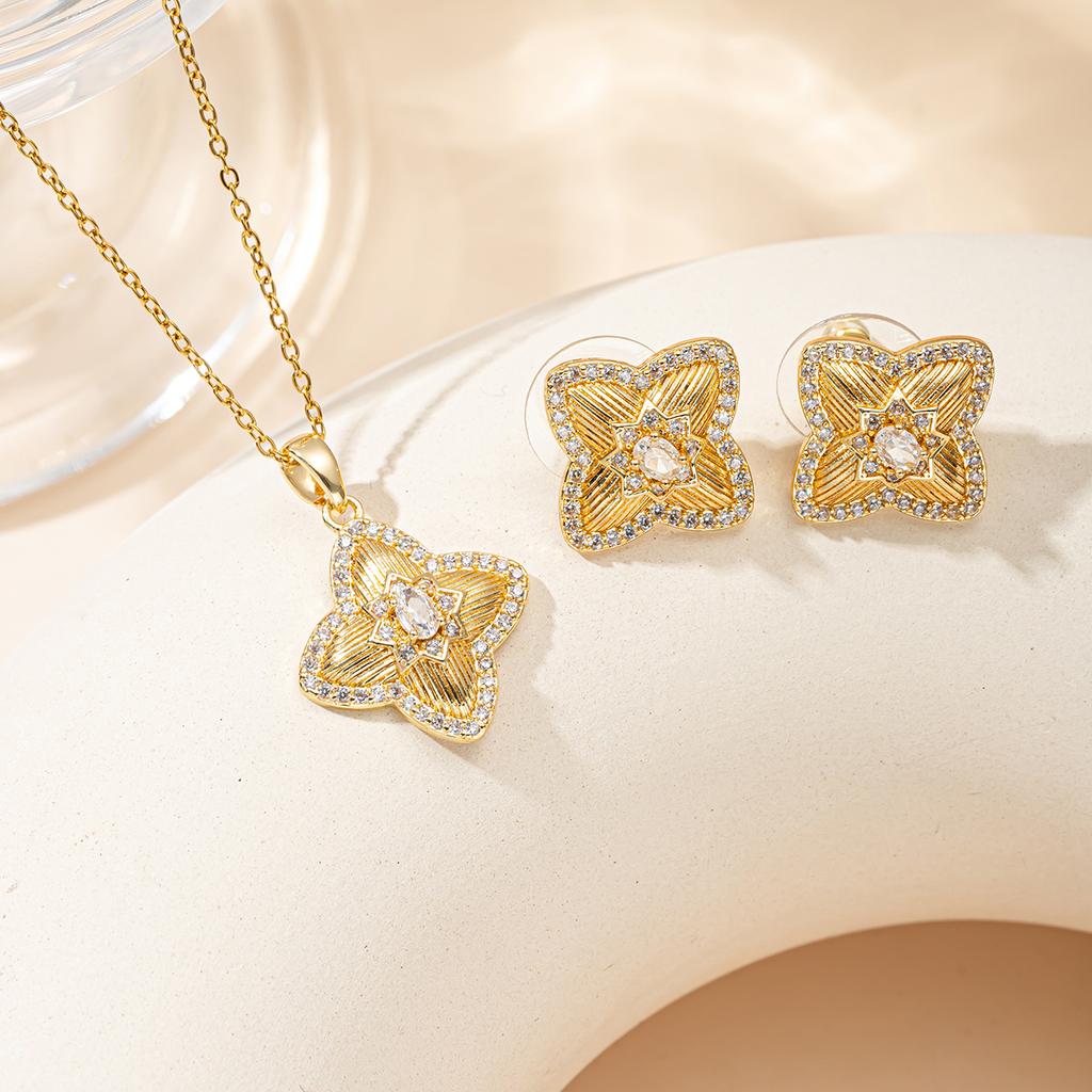 Fashion Four-Petal Flower Jewelry Set Gold Silver Tone Zircon Necklace Earrings for Wedding Party