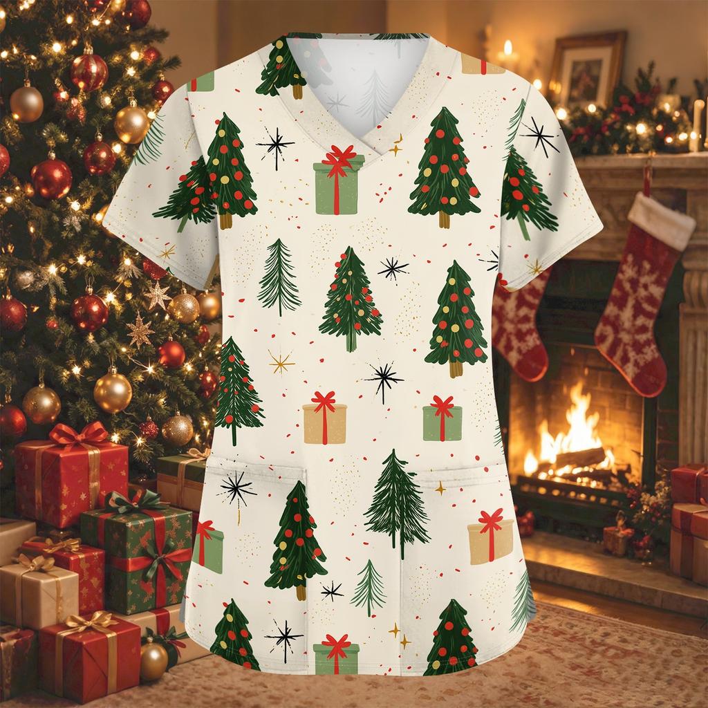 Women's V-Neck Short Sleeve Christmas Print Work Tunic Top with Pockets and Side Slits