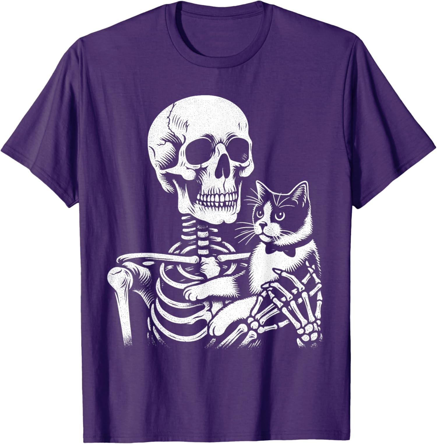 Skeleton Holding A Tuxedo Cat Lazy Halloween Skull Unisex T-Shirt S
