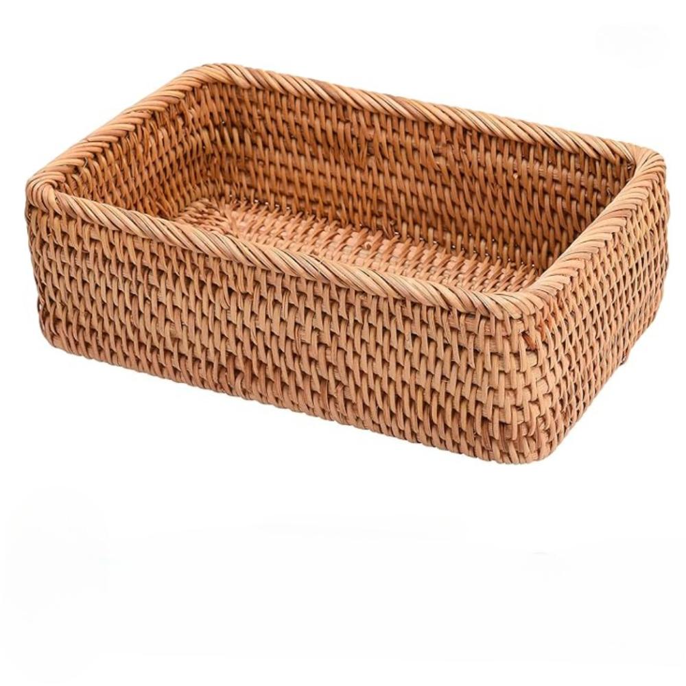 Rattan Storage Baskets Rectangle Woven Bread Basket Rectangular Wicker Serving Organizer Tray Rattan Fruit Basket, Stackable Wicker Organizer (S)