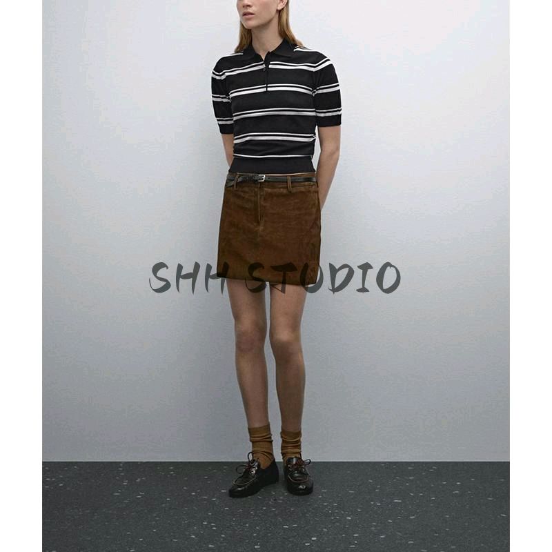 MD Women's Spring Clothing American Preppy Style Sea Blue Stripes Slim Fit Short-Sleeved Knitting Polo Shirt 5664684