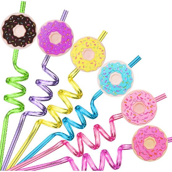 24 Reusable Donut Straws for Birthday Party Supplies | Party Favors with 2 Cleaning Brush