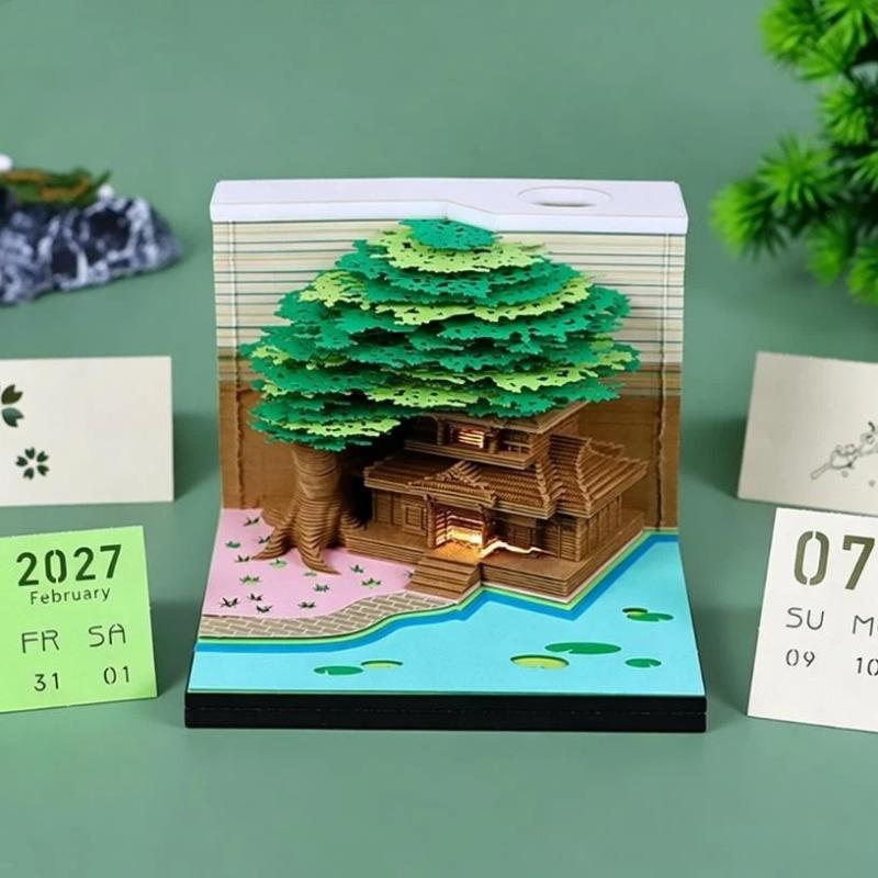 Time Piece Calendar 2027 Desk Calendar With Led Light 3D Tear-Away Calendar Paper Carving Art Memo Pad Notepad Desktop Decor