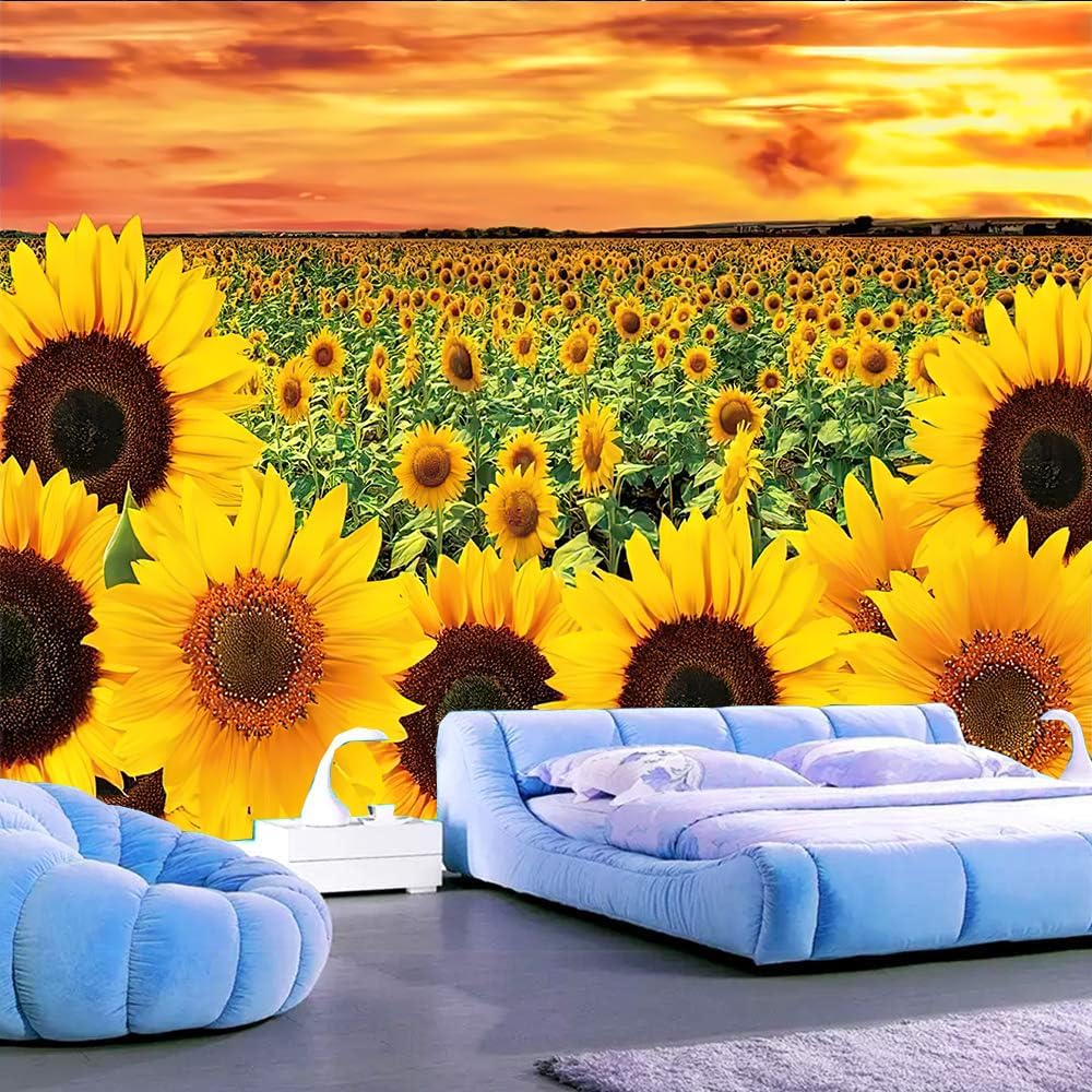 Sunflower Tapestry Wall Hanging Sunset Sunflowers Field Wall Art Golden Yellow Sunflowers Tapestries Warm Yellow Floral Plant