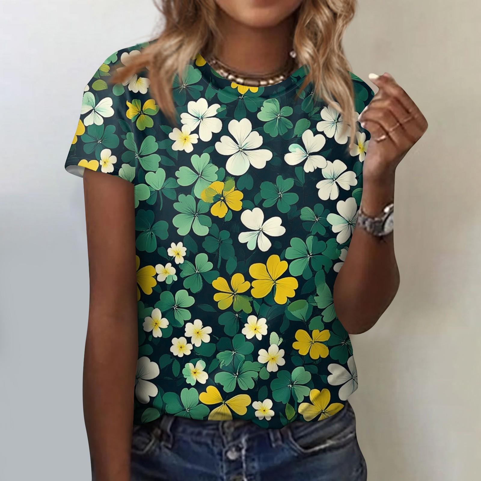 

Женская модная повседневная блузка с круглым вырезом и короткими рукавами с цветочным принтом M