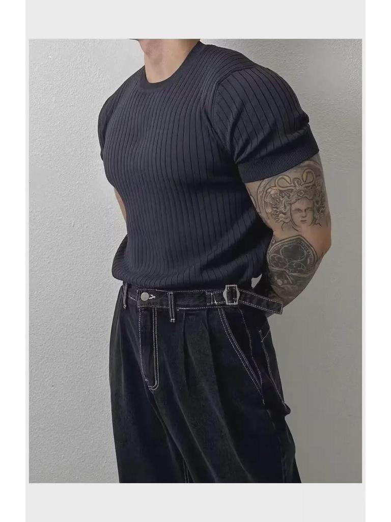 Men's Trendy Slim-Fit Summer Knit T-Shirt with Vertical Stripes