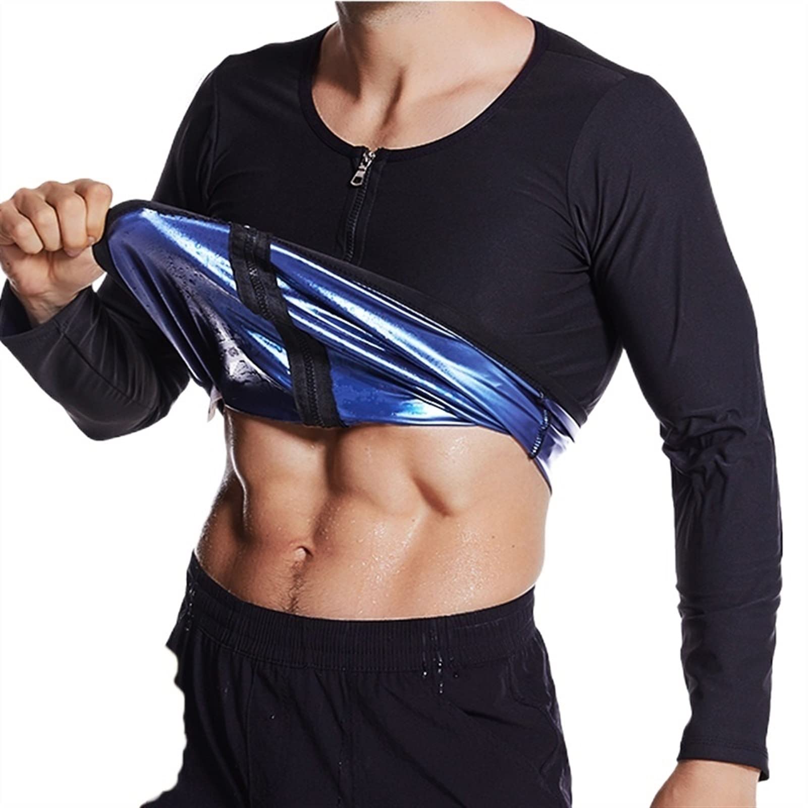 

Мужской костюм для сауны с длинным рукавом, пот, куртка для сауны, тренировочная майка, корректирующее белье, тренажерный зал, фитнес-рубашка, тренажер для талии, футболка для похудения, формирователь тела, нижнее белье S синий