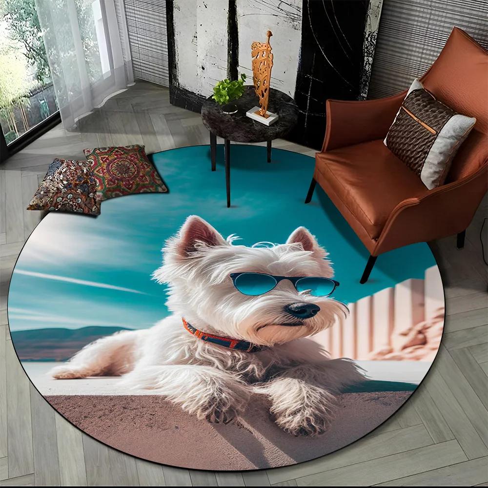 Cute Dog Samoye,Chihuahua,Koki Pomeranian Cartoon Round Carpet Rug for Living Room Bedroom Decor,kids Pet Area Rug Non Slip Mat