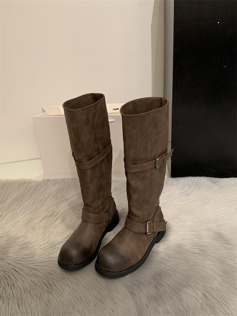 Korean Old Belt Buckle Medium Tube Knight Boots Thick Sole Niche Pile Boots Martin Boots