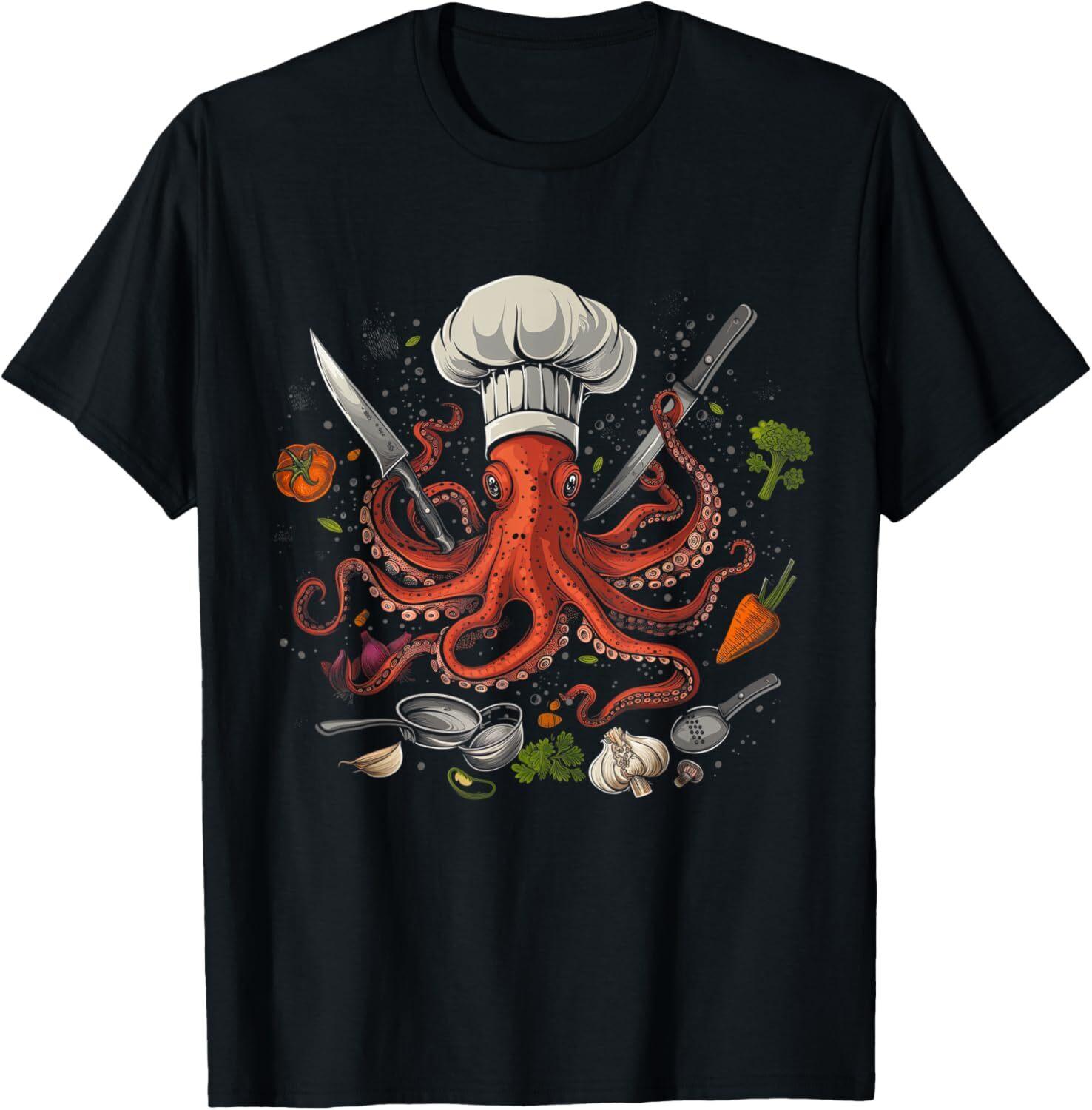 Chef Octopus Kraken Funny Cooking Sous Chef Cook T-Shirt Mens Womens Tees Top Tops Tee S