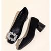 High heels temperament soft leather mother shoes 2025 new professional single shoes rhinestone square head black French light mouth single shoes