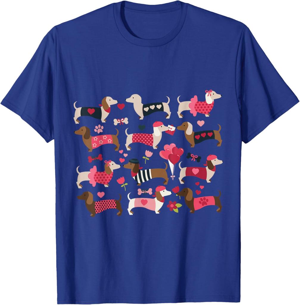 Dachshund Weiner Dog Valentine Heart Print Graphic T-Shirt Casual Daily Crewneck Tee