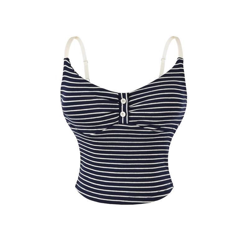 Корейская Девушка Острая Полосатая Майка: Летний/весенний облегающий топ без рукавов с чашечками из хлопка Small тёмно-синий