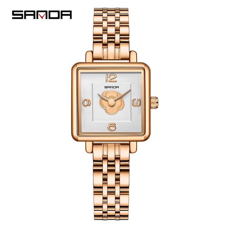 Sanda Women's Retro Waterproof Quartz Watch - Small Square Elegant Rose Dial