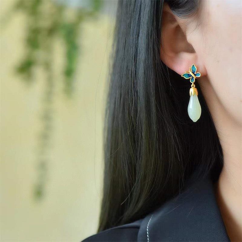 Hetian Jade Ear Hook Earring Women's High-end Temperament Ethnic Retro Earrings Cloisonne Craft Dangler Gift