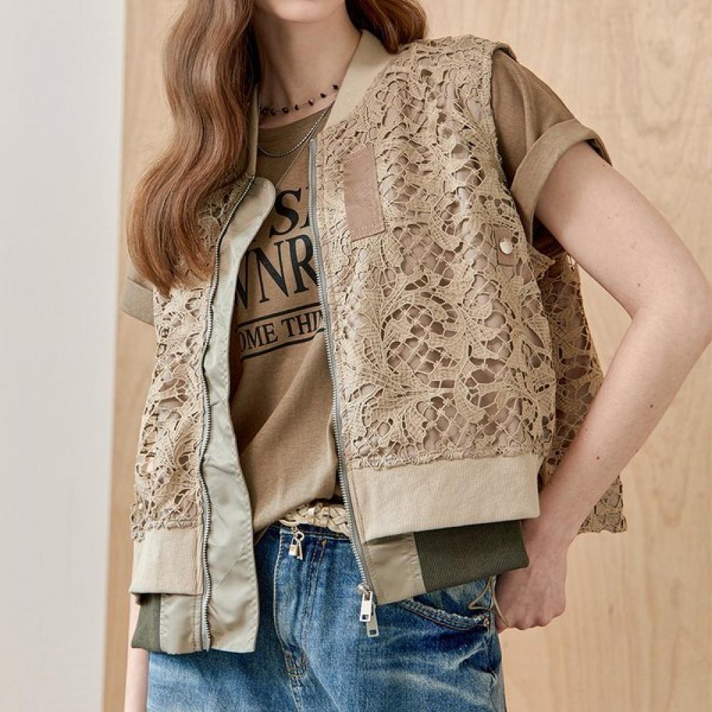 MAXZA Кружевная двуслойная молния жилет-джемпер Grey/FREE