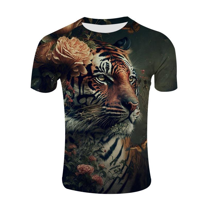 Casual 3D Tiger Head Printed Round Neck T-shirt Mesh Short Sleeve T-shirts