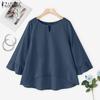 ZANZEA Women Casual Round Neck Loose 3/4 Sleeve Cotton Blouse