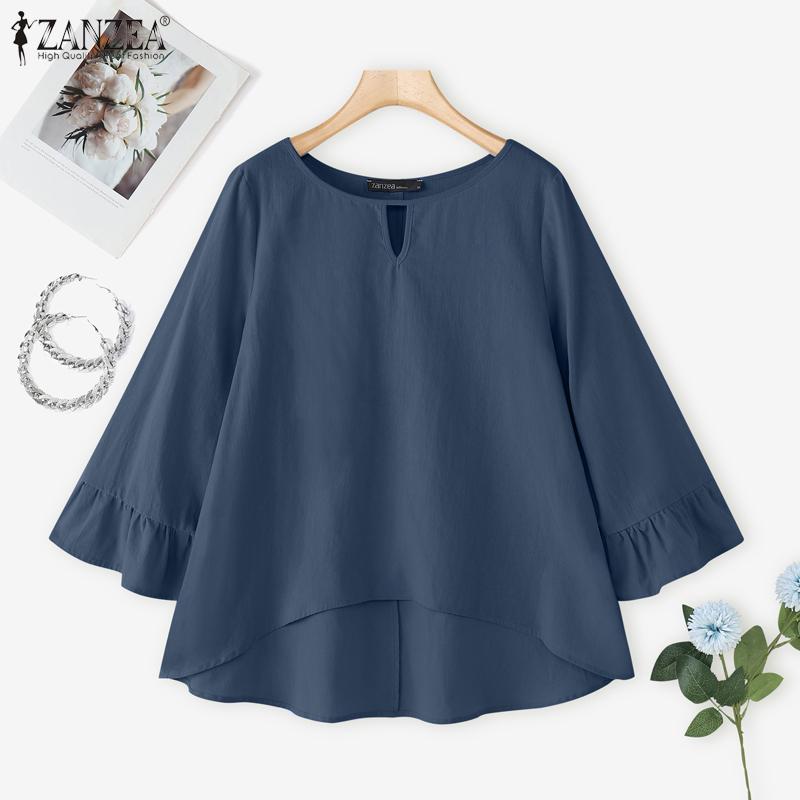 ZANZEA Women Casual Round Neck Loose 3/4 Sleeve Cotton Blouse