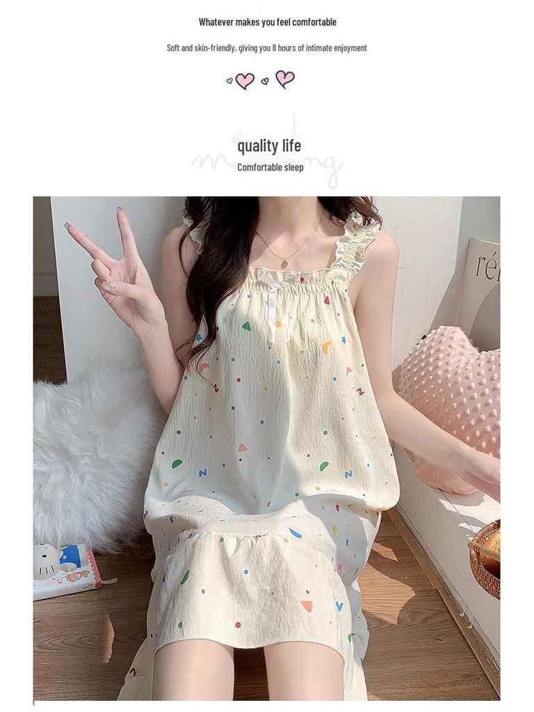2026 Summer Women's Cartoon Padded Strappy Loose Nightgown Dress Pajamas - Sweet Outdoor Style
