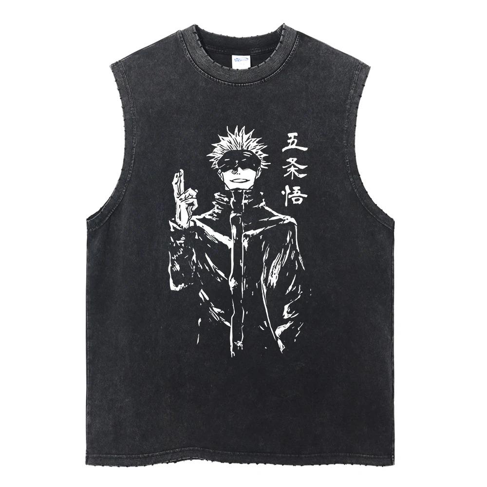 Summer Men Vintage Streetwear Sleeveless T-Shirts Cotton Tops Tees Washed Anime Print Casual Tops Oversize Tank Top