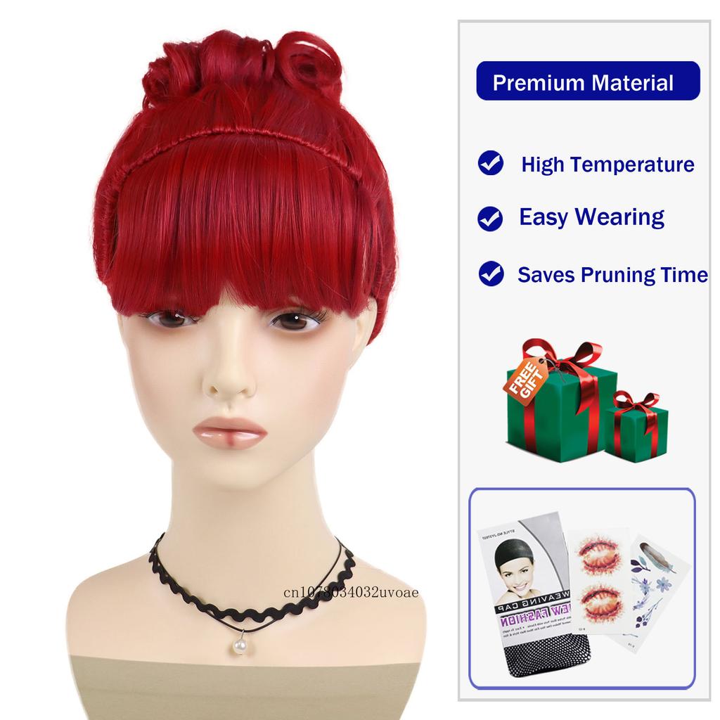 Synthetic Hair Red Updo Wig with Bangs and Bun Short Curly Wigs for Women Girls Halloween Costume Party Cosplay Heat Resistant