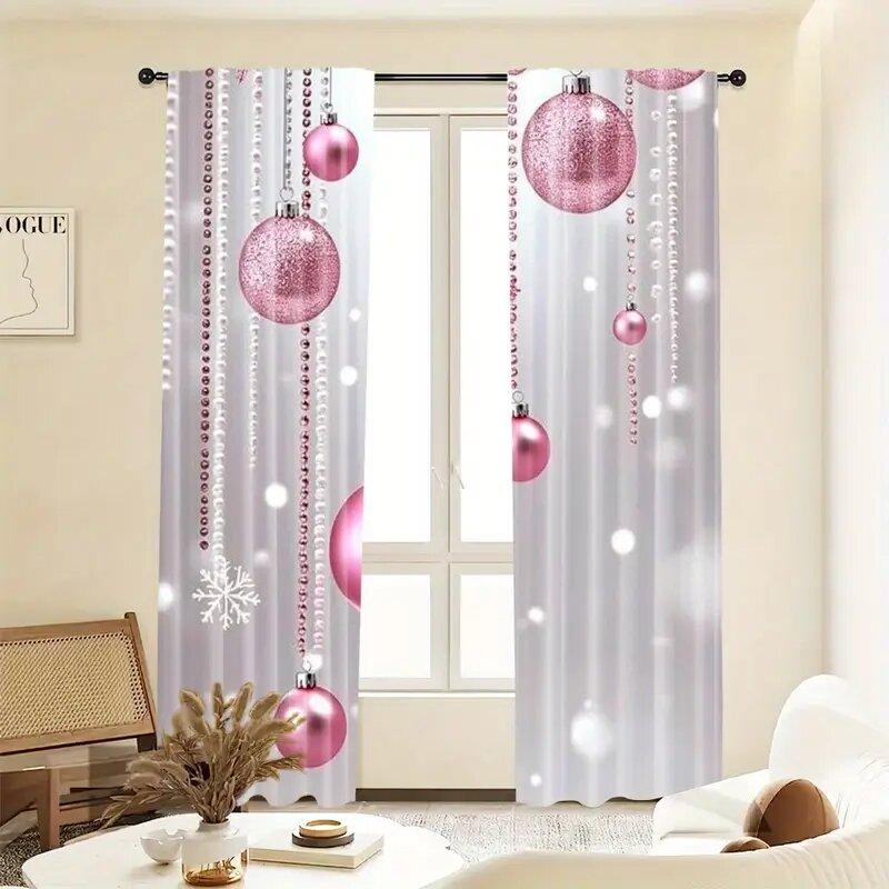 Christmas pink Christmas ball printed curtains   pole bag curtains   bedroom and living room   home decoration   room decoration