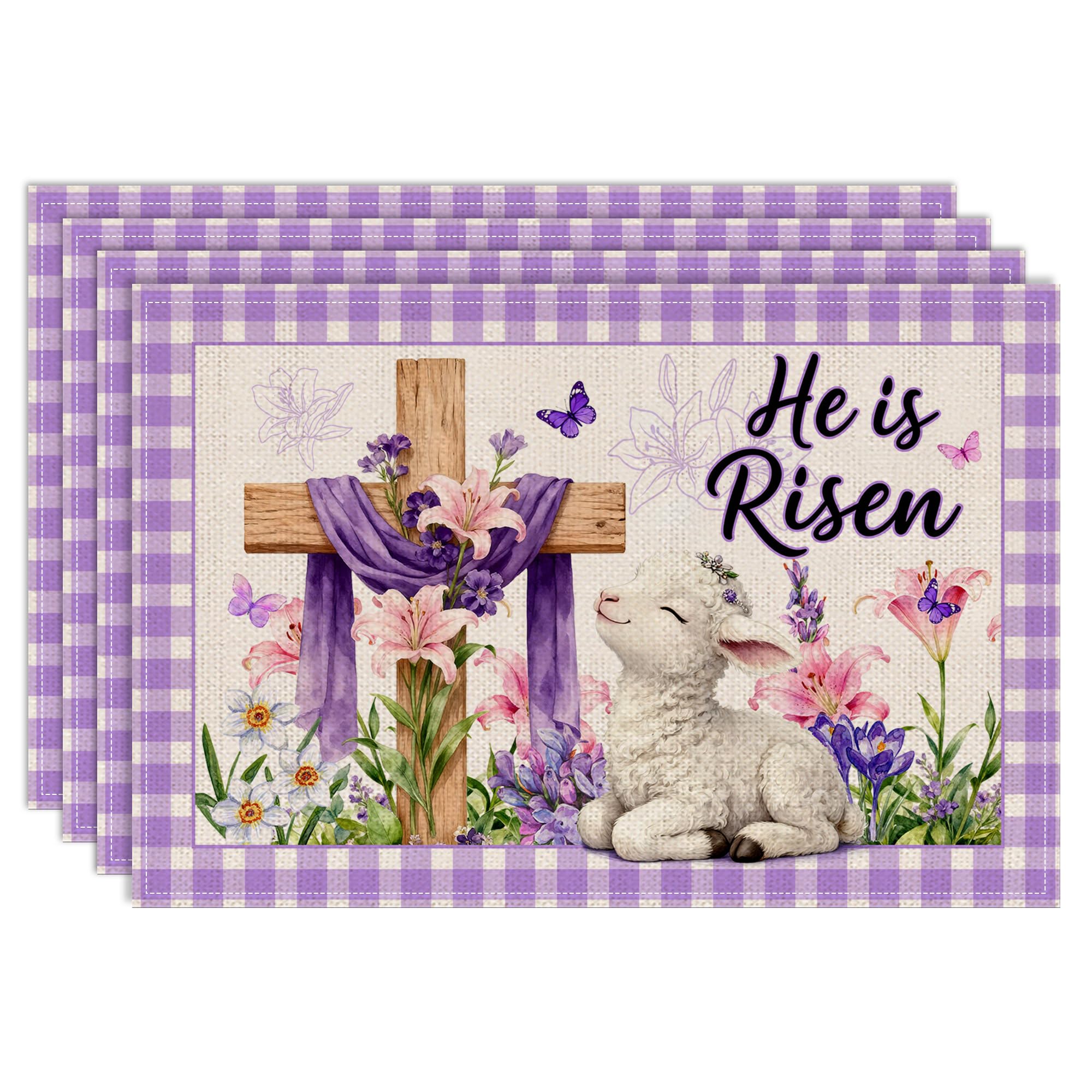Easter Placemats Set of 4 12x18 inches, It s Not About the Bunny It s About the Lamb Easter Decor for Table, Party, Home - Farmhouse Spring Buffalo Pl 12“x18”, Rectangular-set of 4