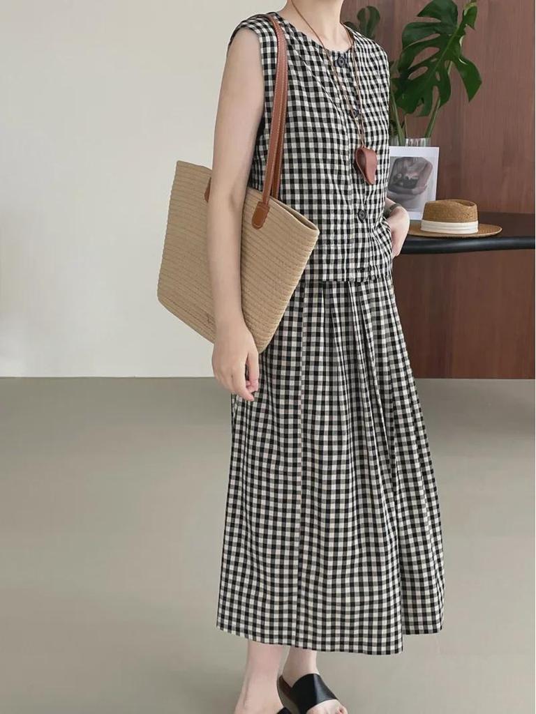 Taochuan Japanisches Retro-Karomuster Ärmellose Weste & High-Waist Elastisches Rock-Set für Damen